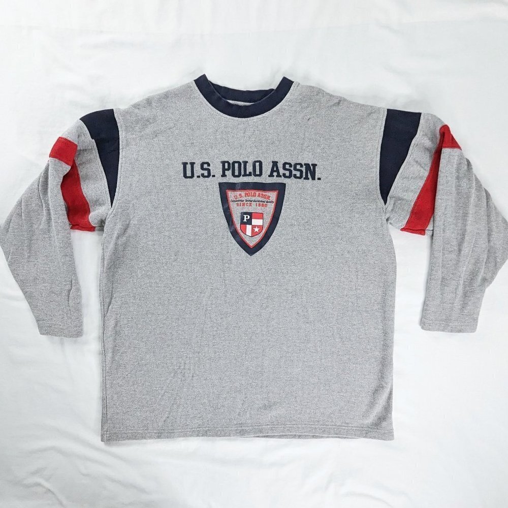 Y2k US Polo Assn Gray Blue Red Striped Ribbed Spellout Logo Shirt Tall Length